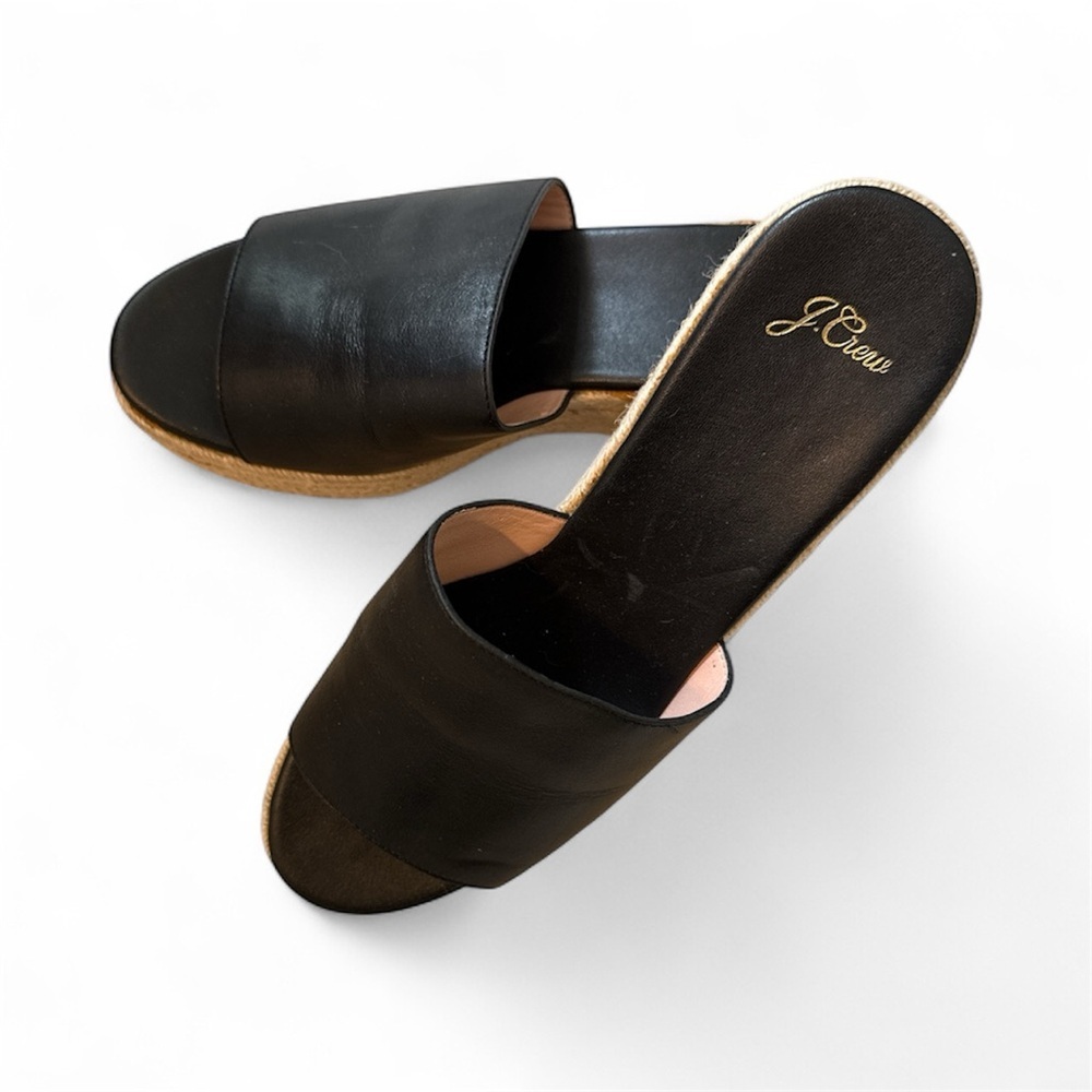 J. Crew  Shoes Wedge  Slide Sandal  Open Toe  Black Leather Sandals  Size 9